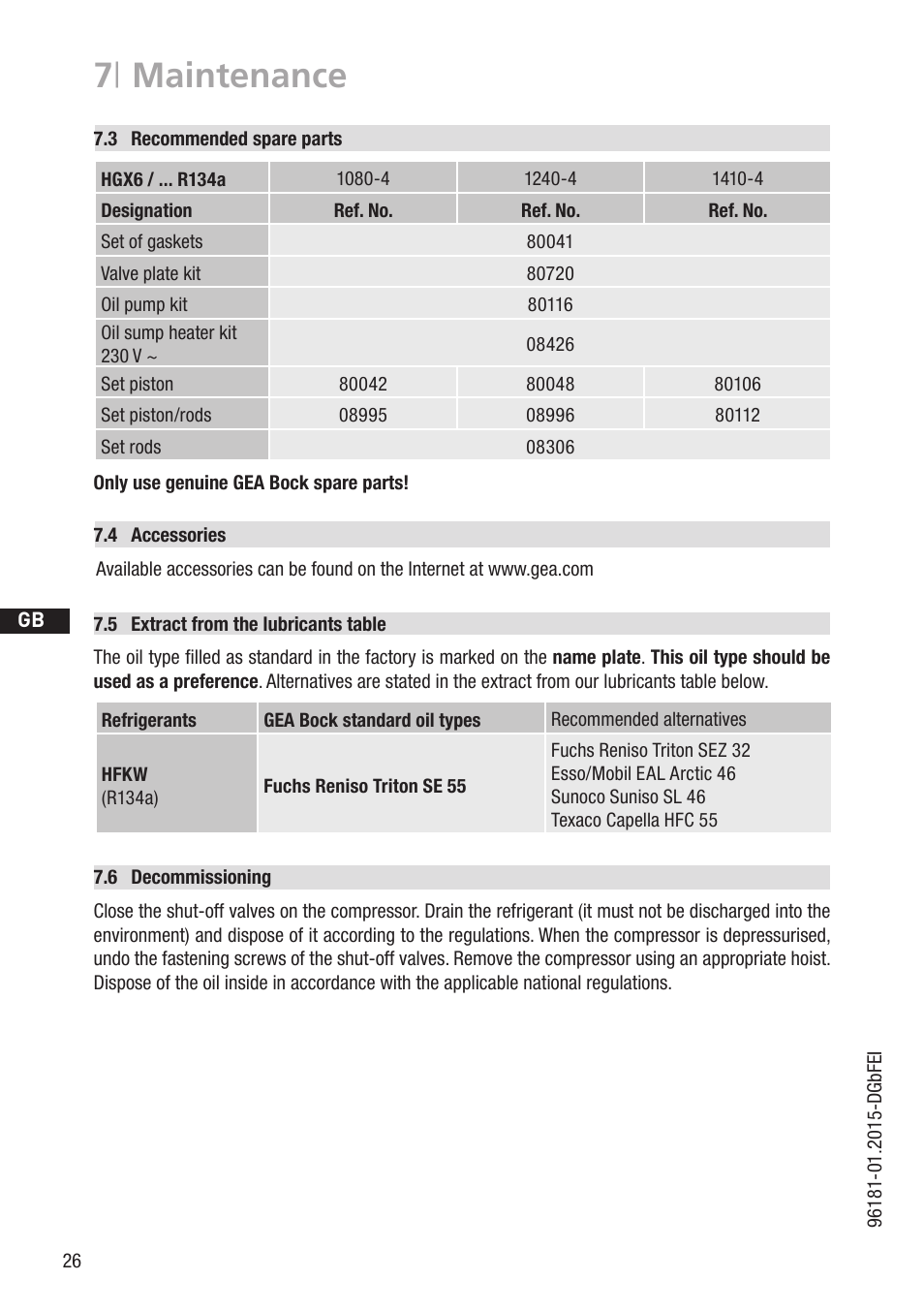 7 | maintenance | GEA Bock HG6 R134a User Manual | Page 26 / 32