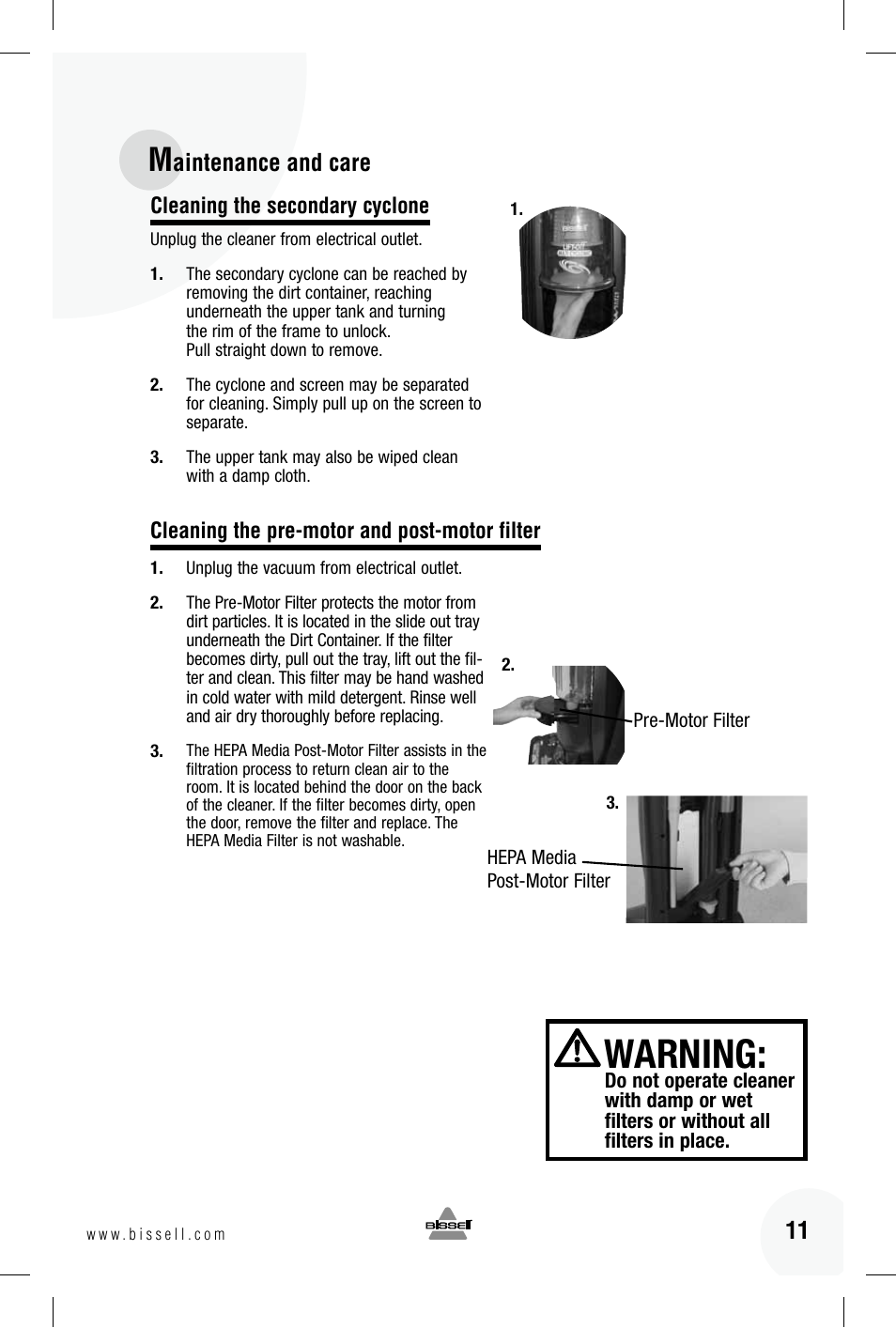 Warning, Aintenance and care | Bissell 89Q9 User Manual | Page 11 / 40
