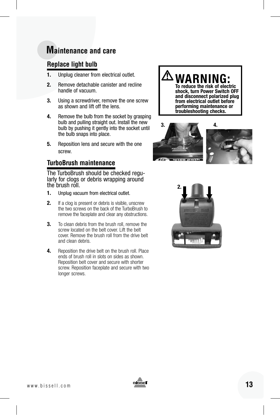 Warning, Aintenance and care | Bissell 89Q9 User Manual | Page 13 / 40