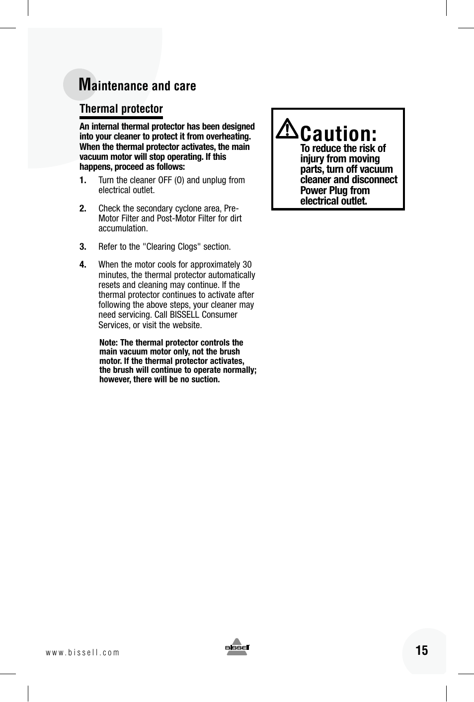 Caution, Aintenance and care | Bissell 89Q9 User Manual | Page 15 / 40