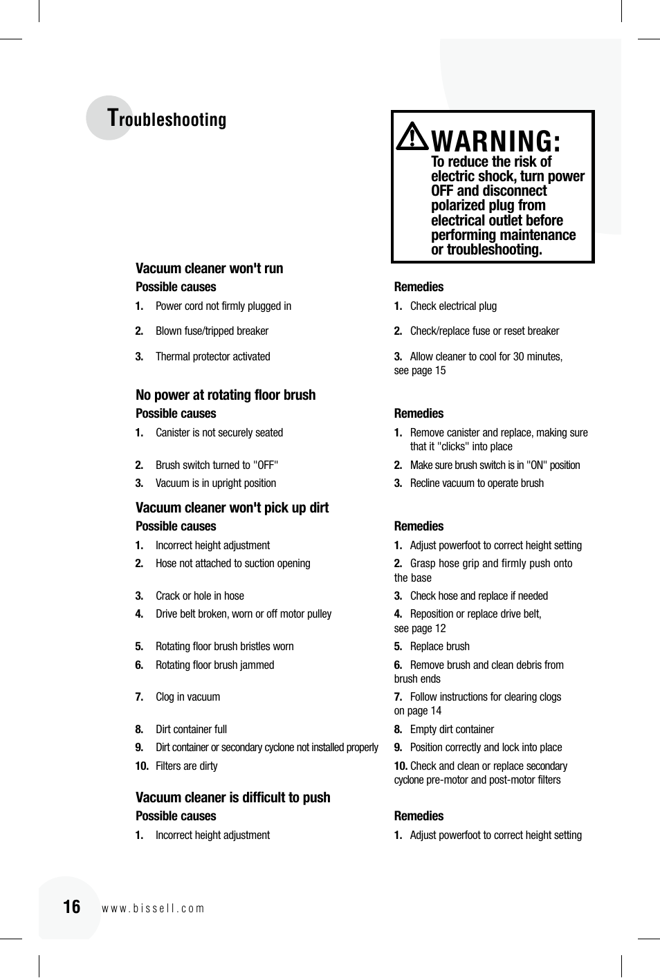 Warning, Roubleshooting | Bissell 89Q9 User Manual | Page 16 / 40
