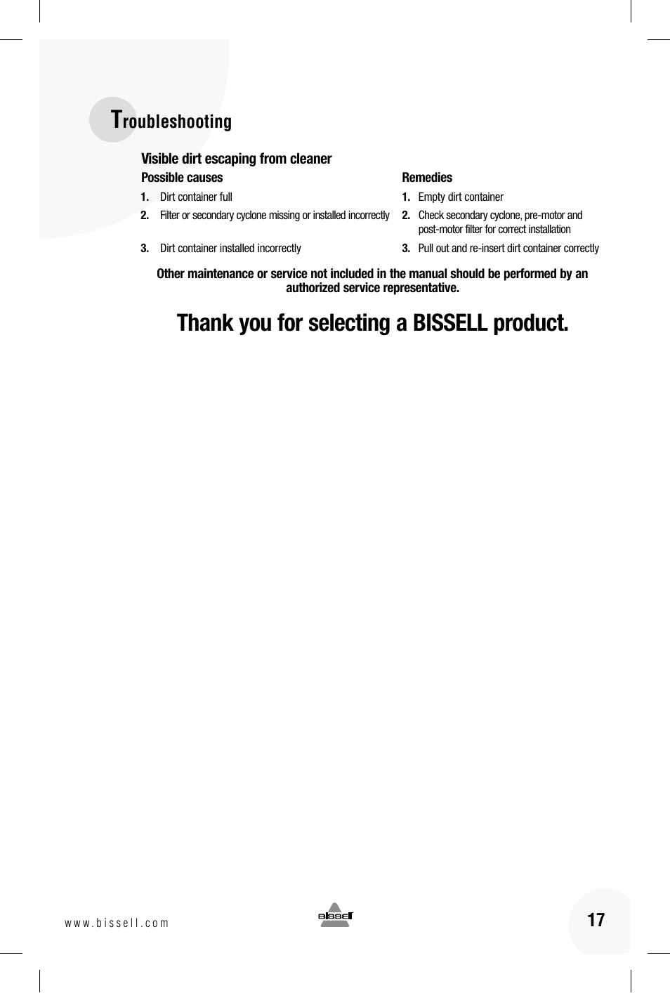 Roubleshooting | Bissell 89Q9 User Manual | Page 17 / 40