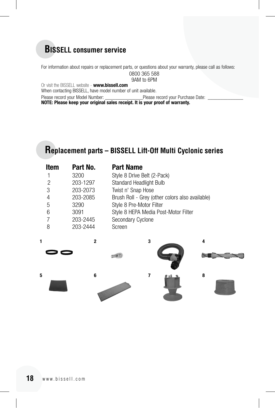 Issell consumer service, 18 item part no. part name | Bissell 89Q9 User Manual | Page 18 / 40