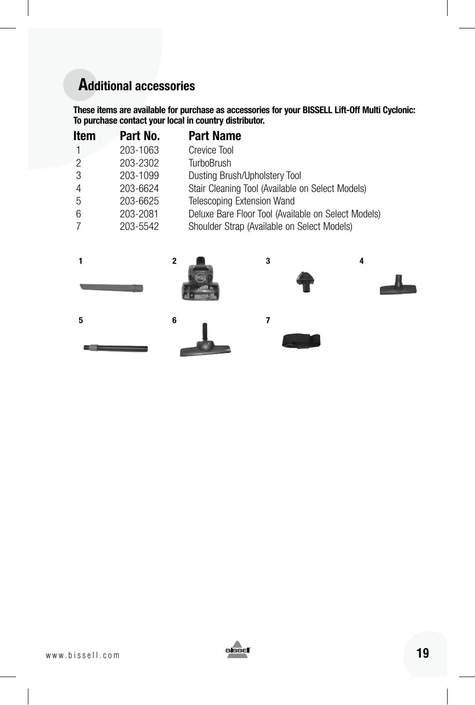 Item part no. part name, Dditional accessories | Bissell 89Q9 User Manual | Page 19 / 40