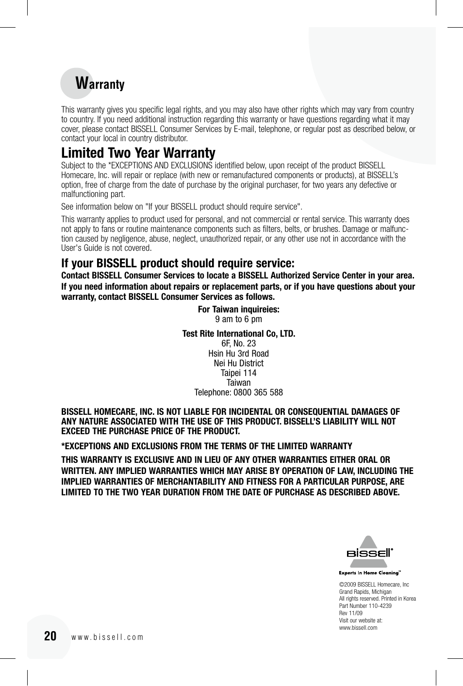 Limited two year warranty, Arranty, If your bissell product should require service | Bissell 89Q9 User Manual | Page 20 / 40