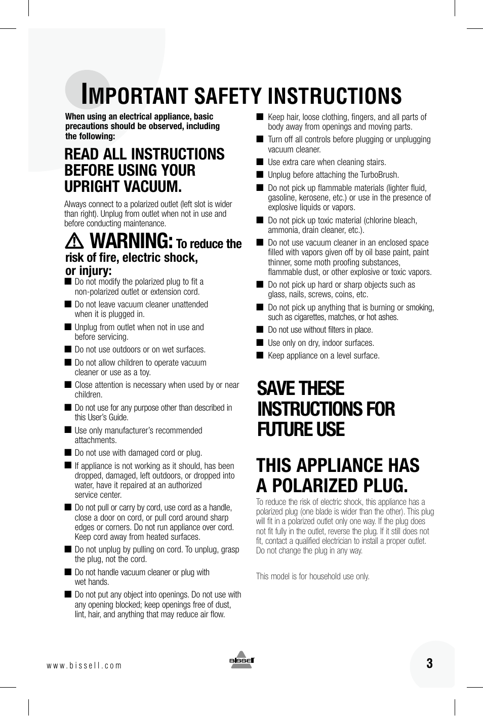 Mportant safety instructions, Warning, Save these instructions for future use | This appliance has a polarized plug | Bissell 89Q9 User Manual | Page 3 / 40