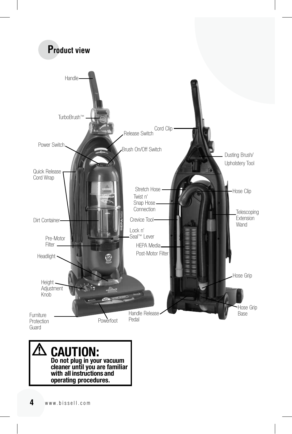 Caution, Roduct view | Bissell 89Q9 User Manual | Page 4 / 40
