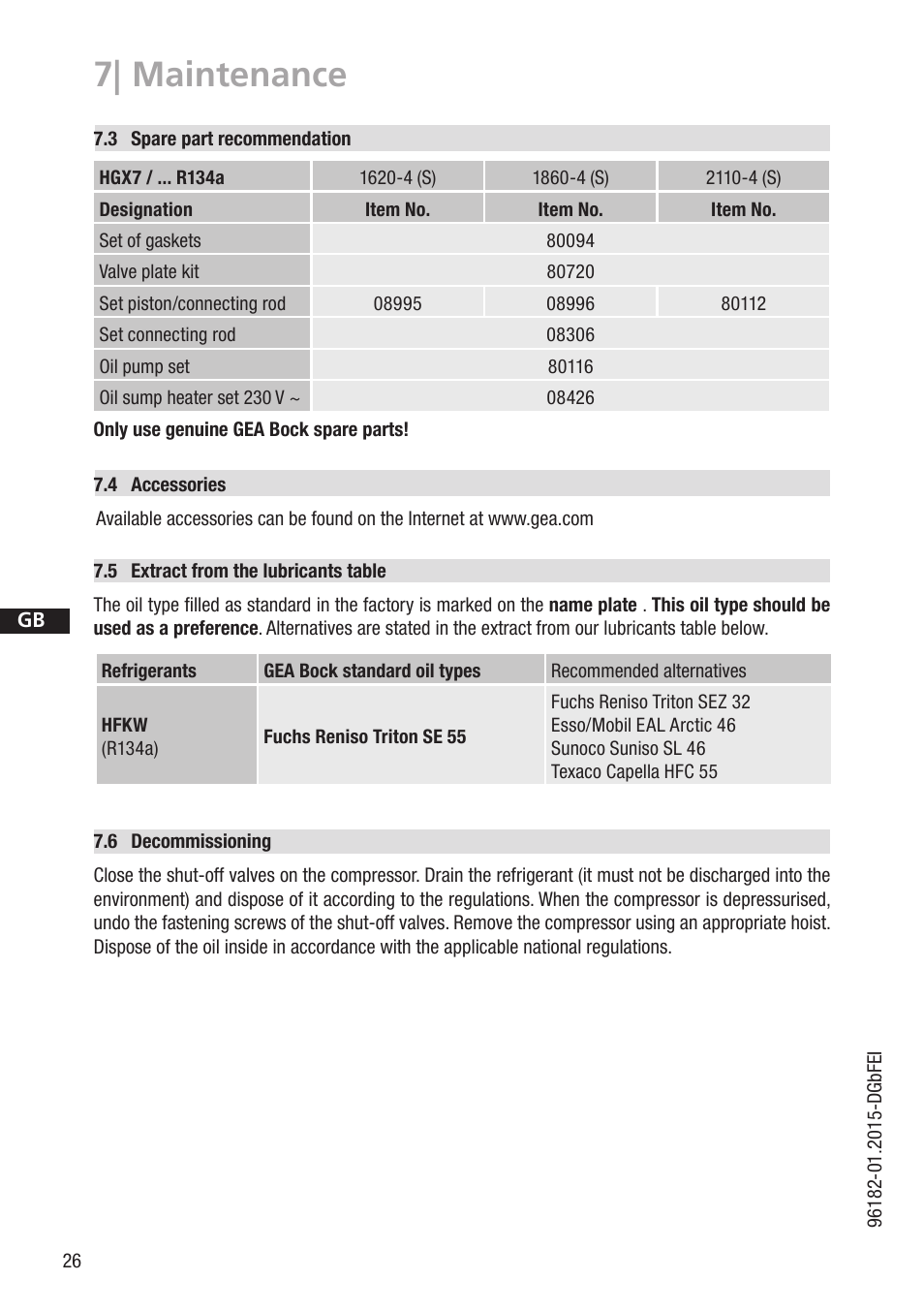7| maintenance | GEA Bock HG7 R134a User Manual | Page 26 / 32