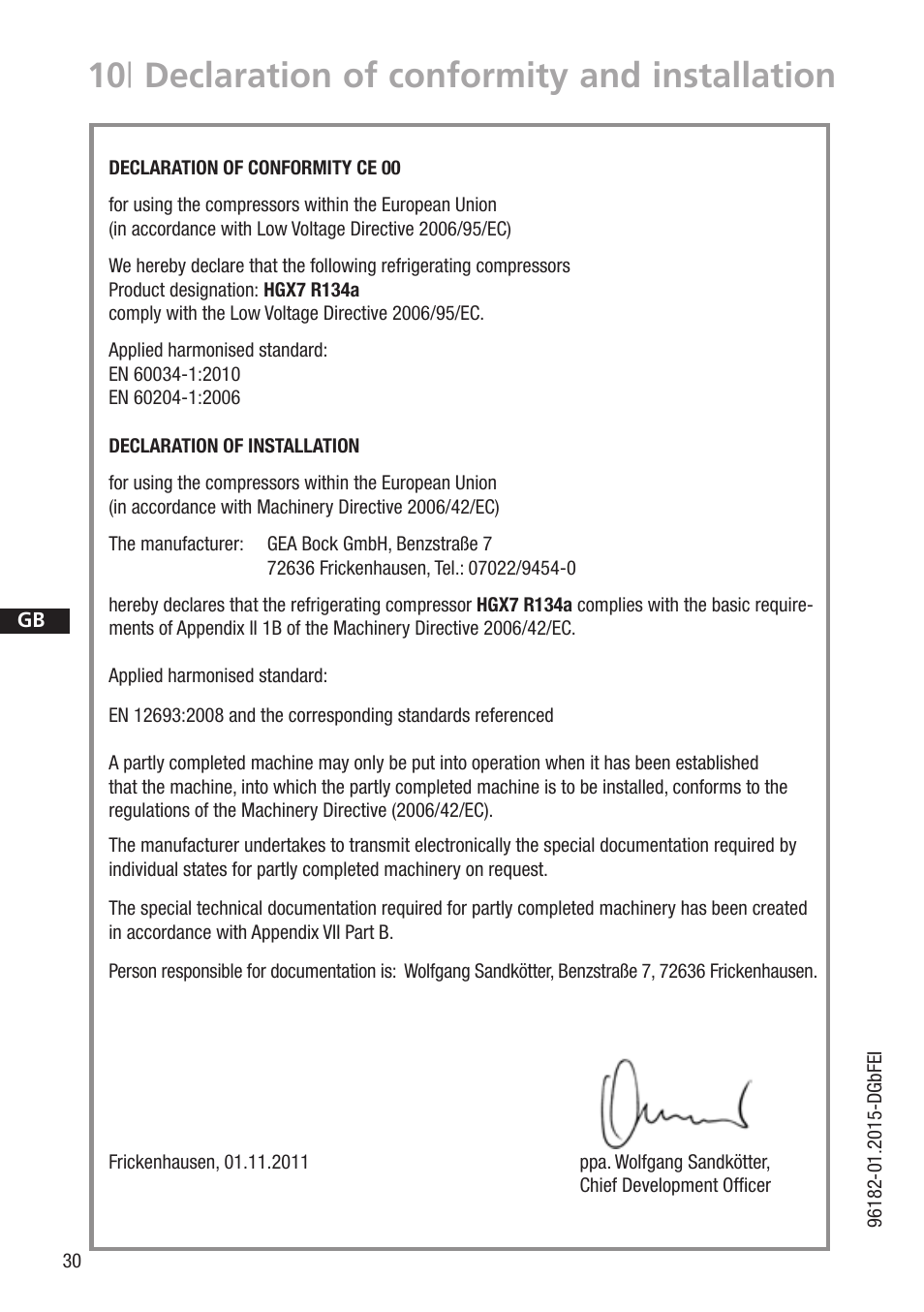 10 | declaration of conformity and installation | GEA Bock HG7 R134a User Manual | Page 30 / 32
