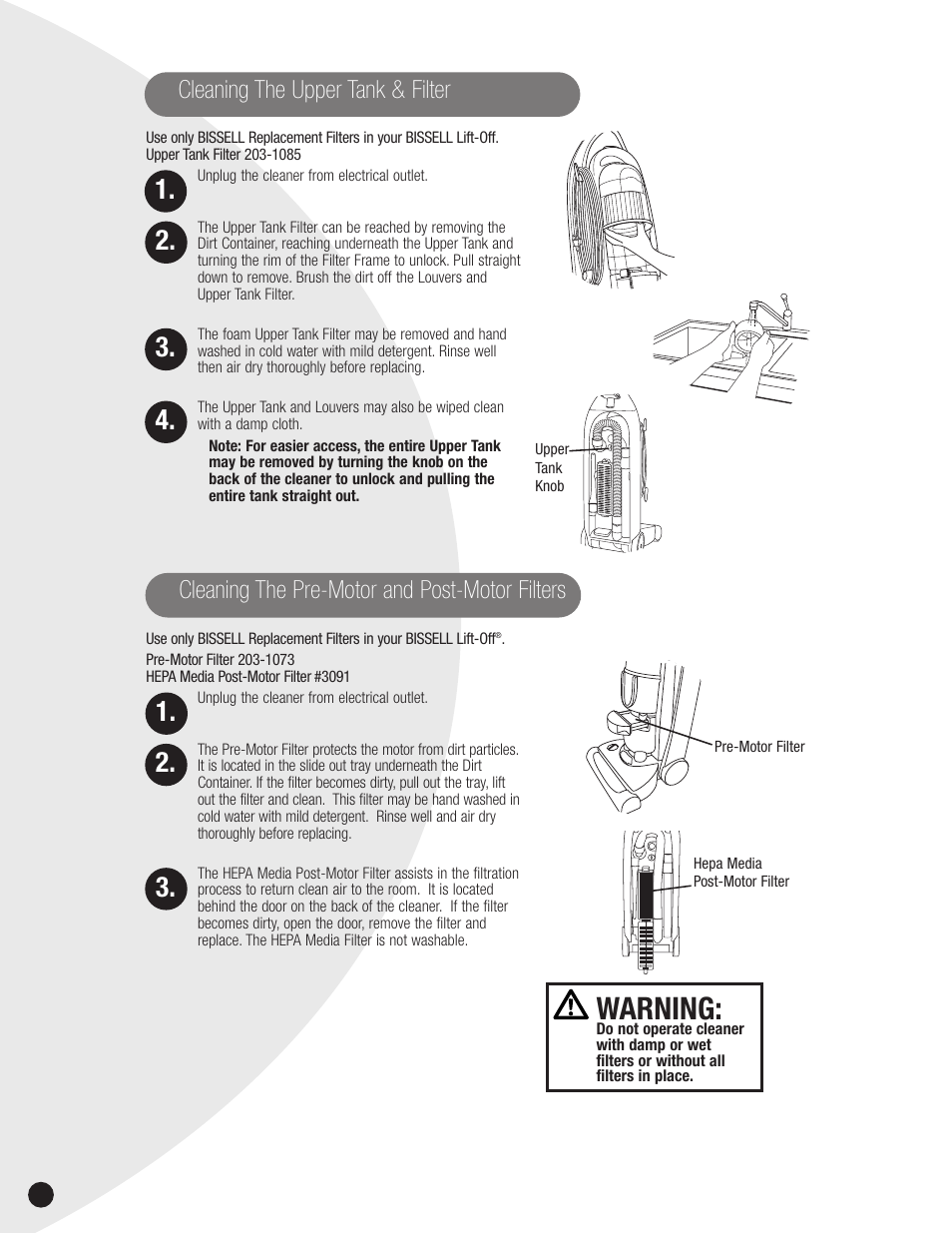 Warning, Cleaning the pre-motor and post-motor filters, Cleaning the upper tank & filter | Bissell 3750  EN User Manual | Page 10 / 16