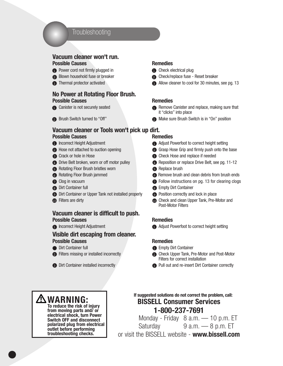 Warning, Bissell consumer services, Troubleshooting | Vacuum cleaner won't run, No power at rotating floor brush, Vacuum cleaner or tools won't pick up dirt, Vacuum cleaner is difficult to push, Visible dirt escaping from cleaner | Bissell 3750  EN User Manual | Page 14 / 16