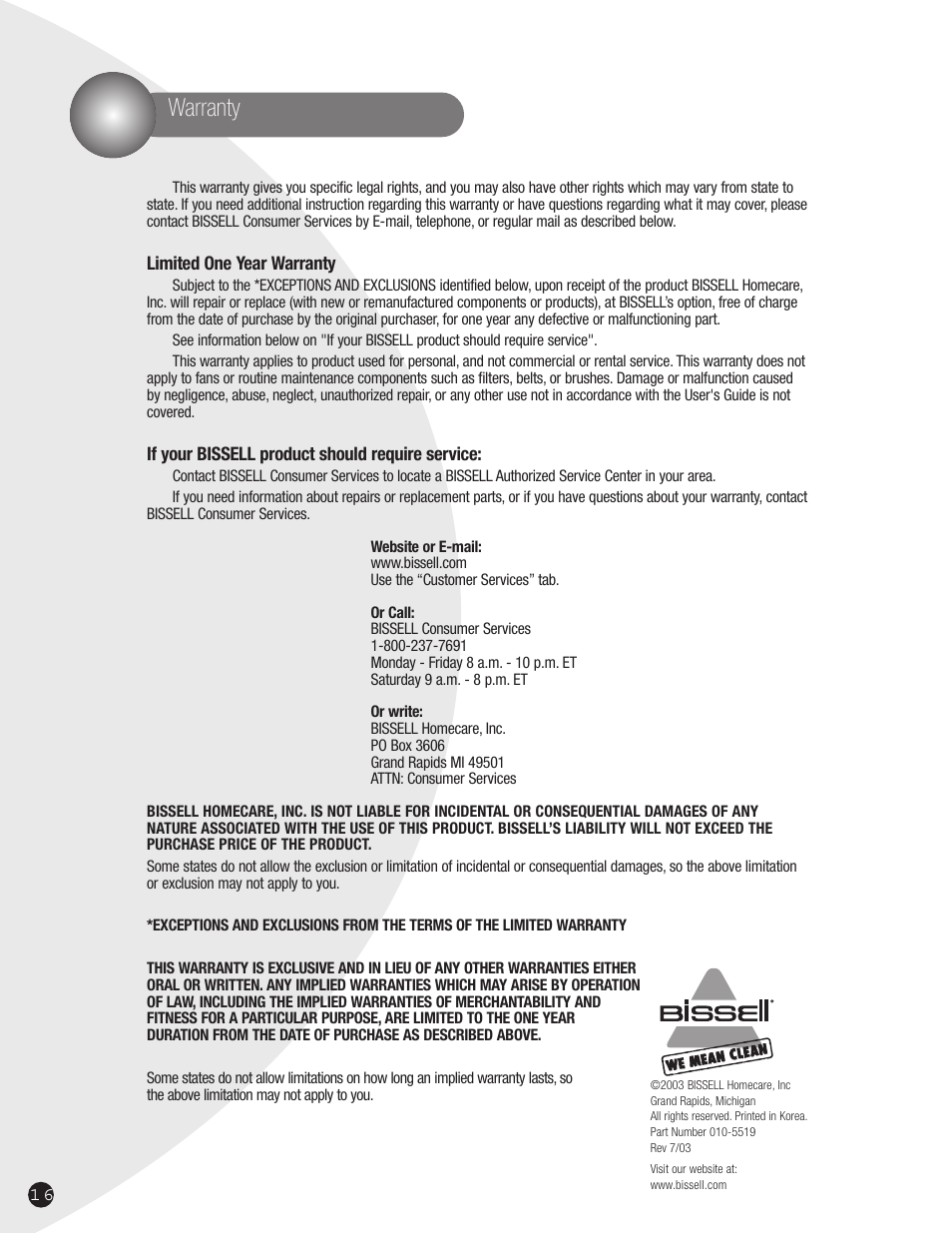 Warranty | Bissell 3750  EN User Manual | Page 16 / 16