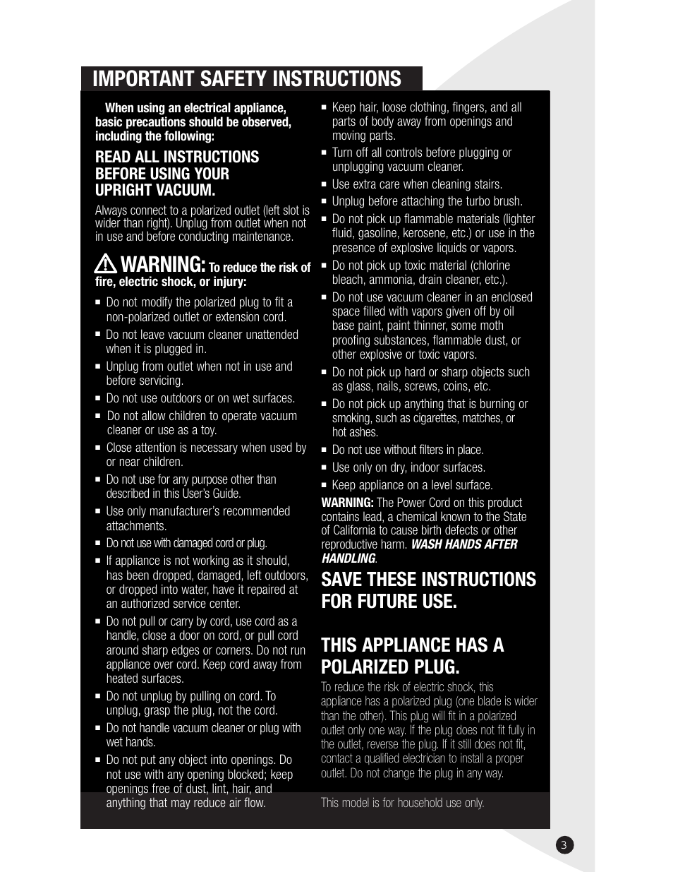 Important safety instructions, Warning, Save these instructions for future use | This appliance has a polarized plug | Bissell 3750  EN User Manual | Page 3 / 16
