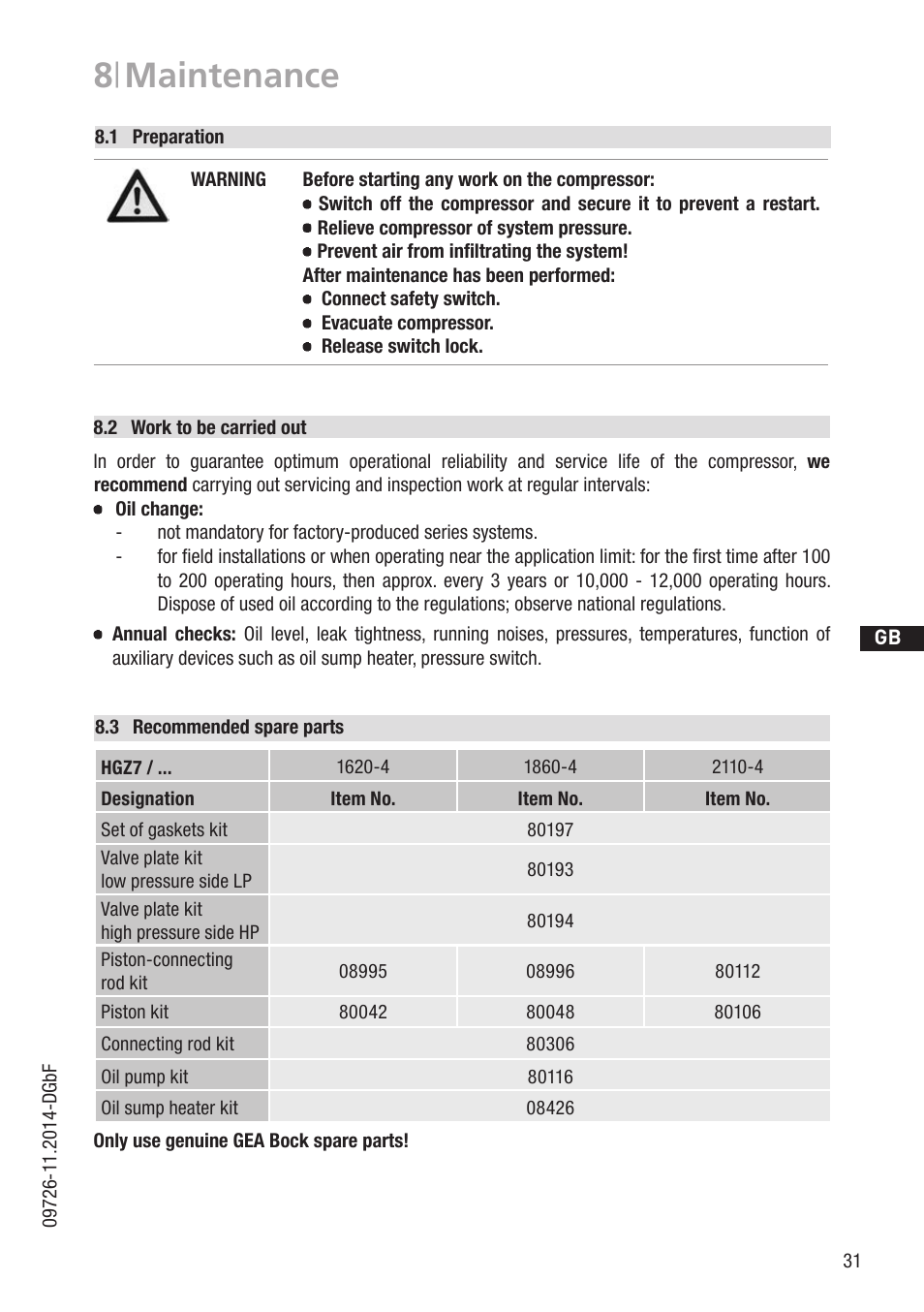 8 | maintenance | GEA Bock HGZ7 User Manual | Page 31 / 42