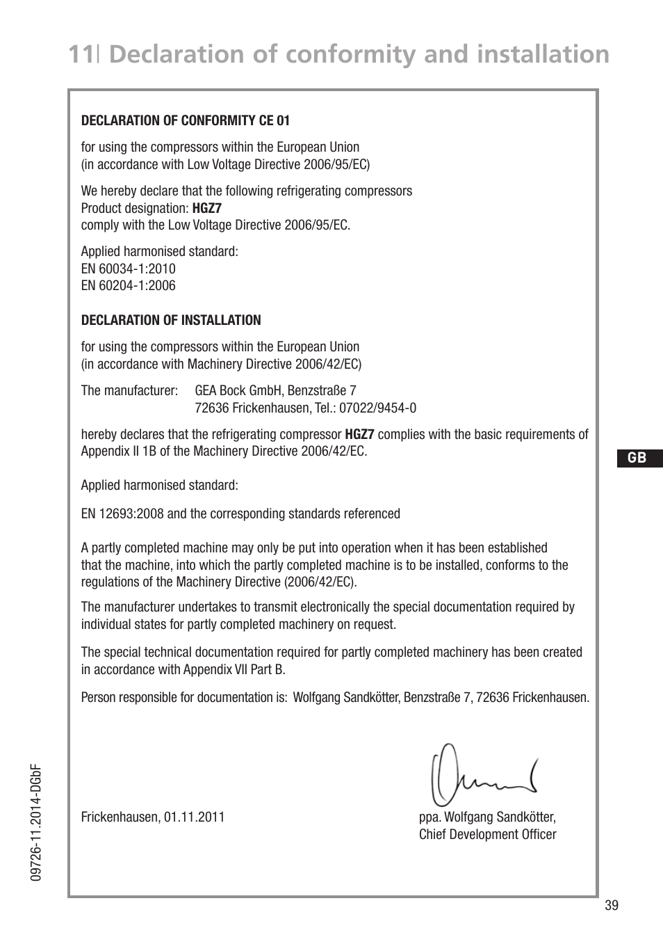 11 | declaration of conformity and installation | GEA Bock HGZ7 User Manual | Page 39 / 42