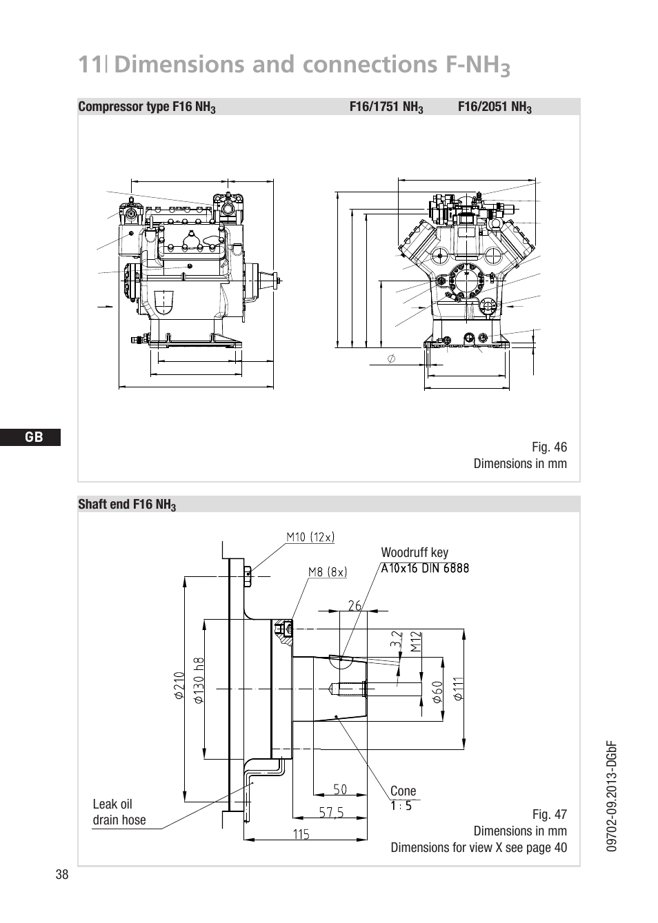 11 | dimensions and connections f-nh, F16/nh3, D gb f e | Compressor type f16 nh, Shaft end f16 nh, Fig. 46 dimensions in mm woodruff key cone, Asv dv l | GEA Bock F User Manual | Page 38 / 44