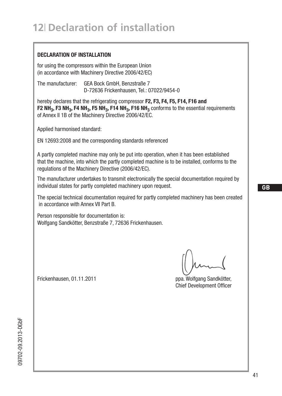 12 | declaration of installation | GEA Bock F User Manual | Page 41 / 44