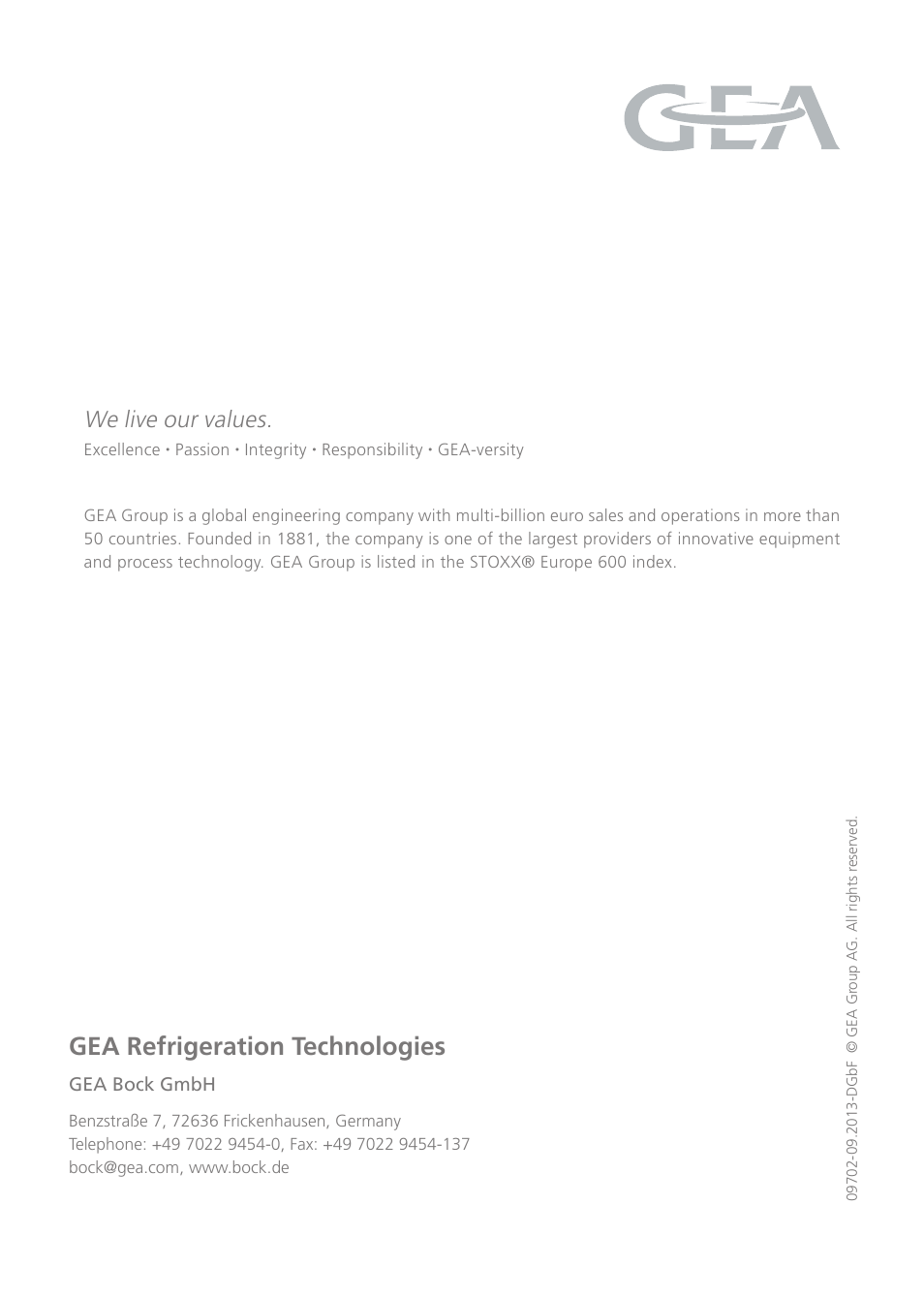 Gea refrigeration technologies, We live our values, D gb f e | GEA Bock F User Manual | Page 44 / 44