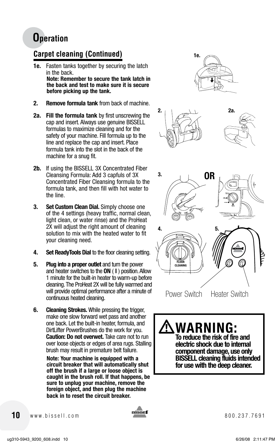 Warning, Peration, Carpet cleaning (continued) | Bissell ProHeat 2X 8960 User Manual | Page 10 / 24