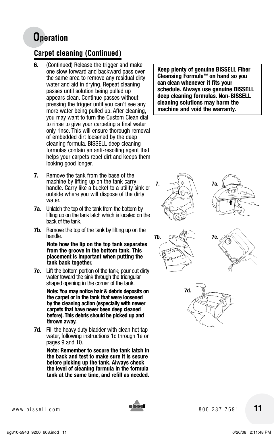 Peration, Carpet cleaning (continued) | Bissell ProHeat 2X 8960 User Manual | Page 11 / 24