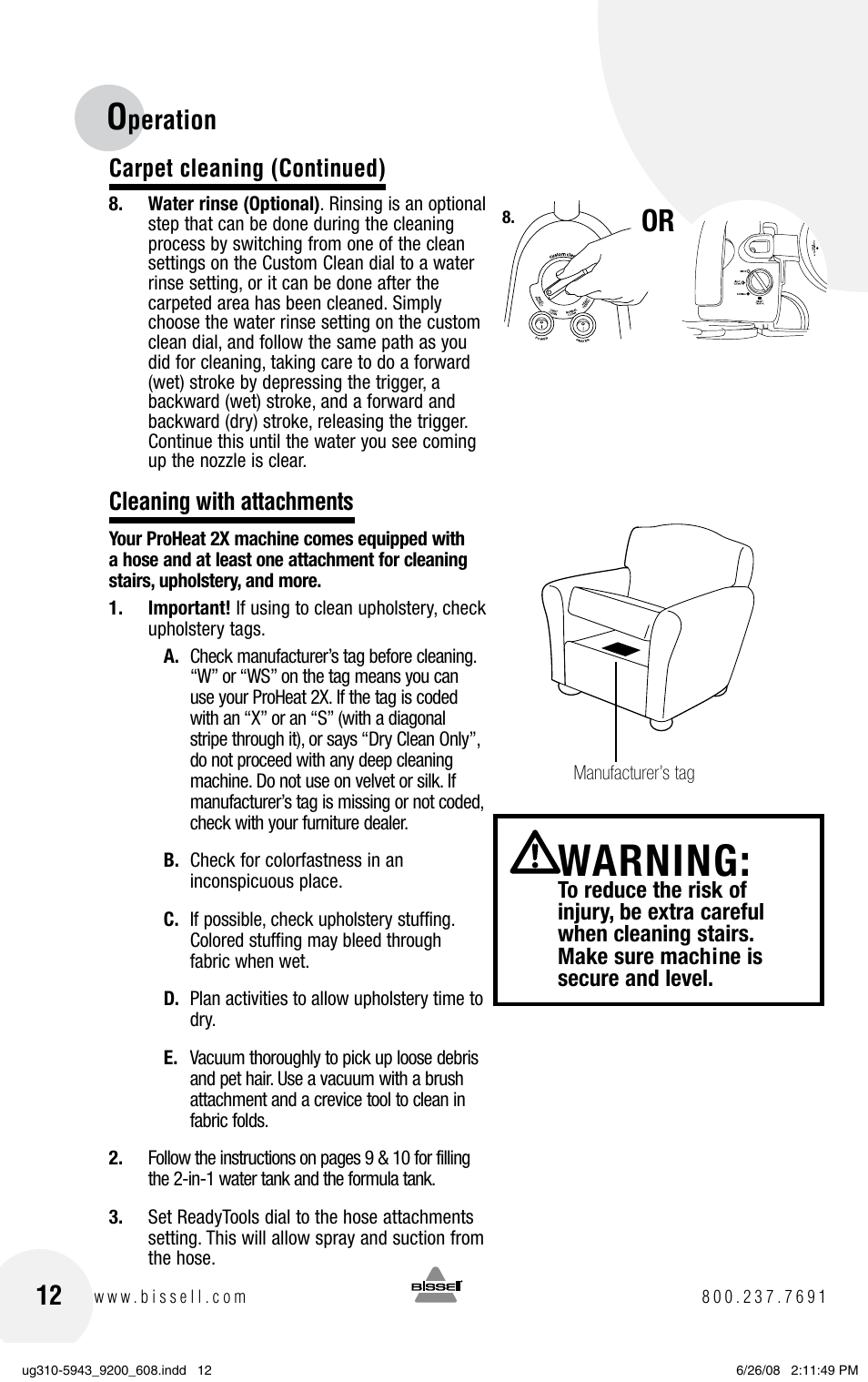 Warning, Peration, Carpet cleaning (continued) | Cleaning with attachments | Bissell ProHeat 2X 8960 User Manual | Page 12 / 24