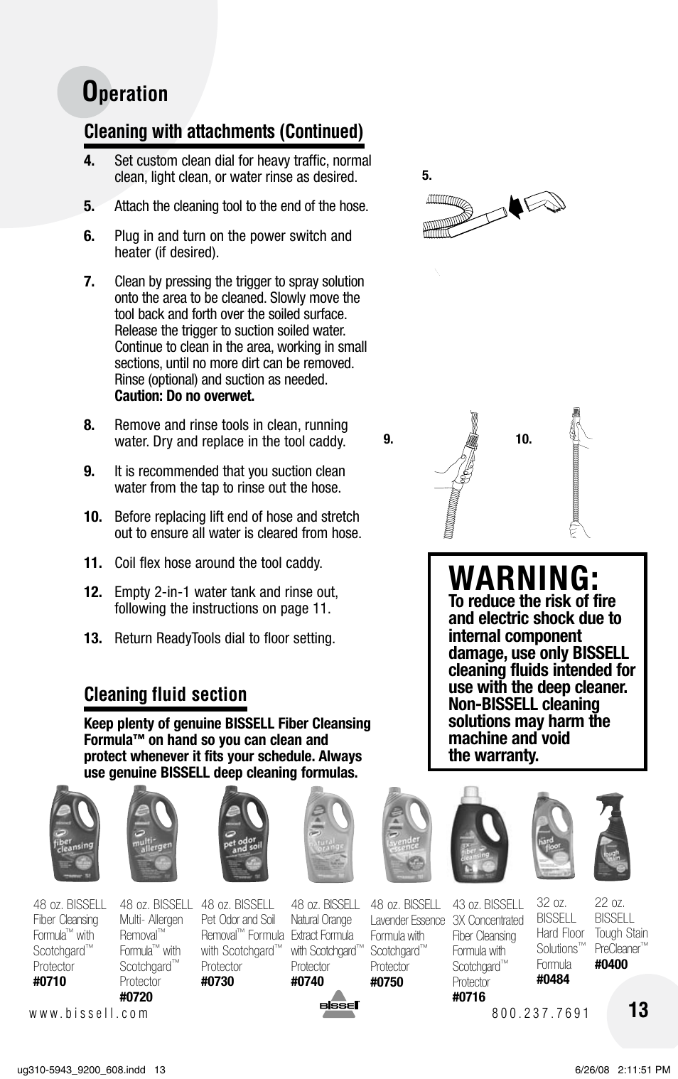 Warning, Peration, Cleaning with attachments (continued) | Bissell ProHeat 2X 8960 User Manual | Page 13 / 24