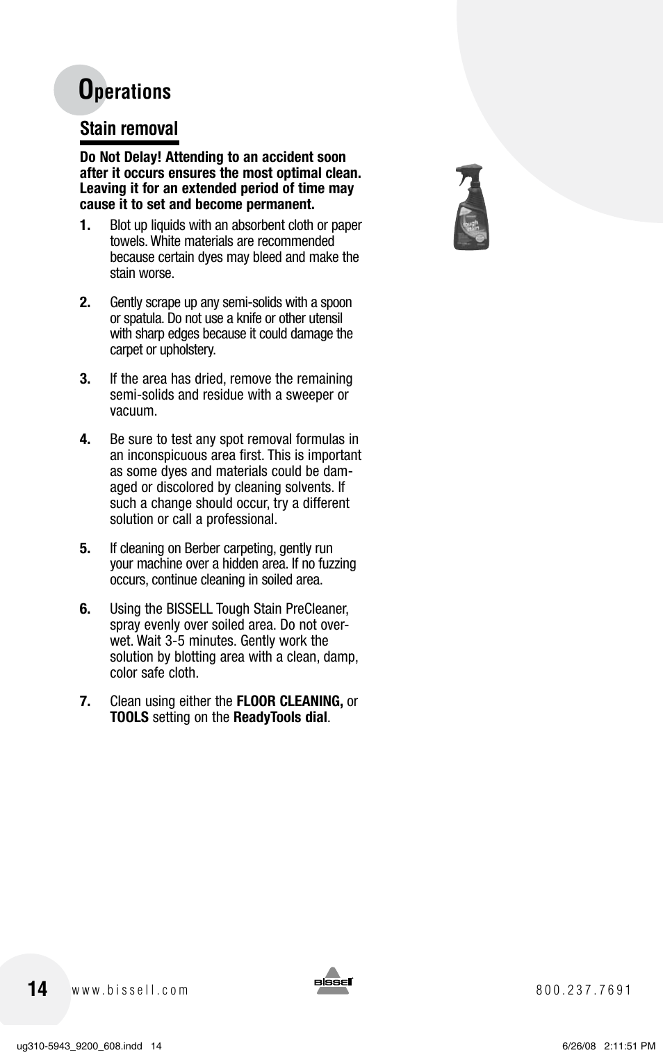 Perations, Stain removal | Bissell ProHeat 2X 8960 User Manual | Page 14 / 24