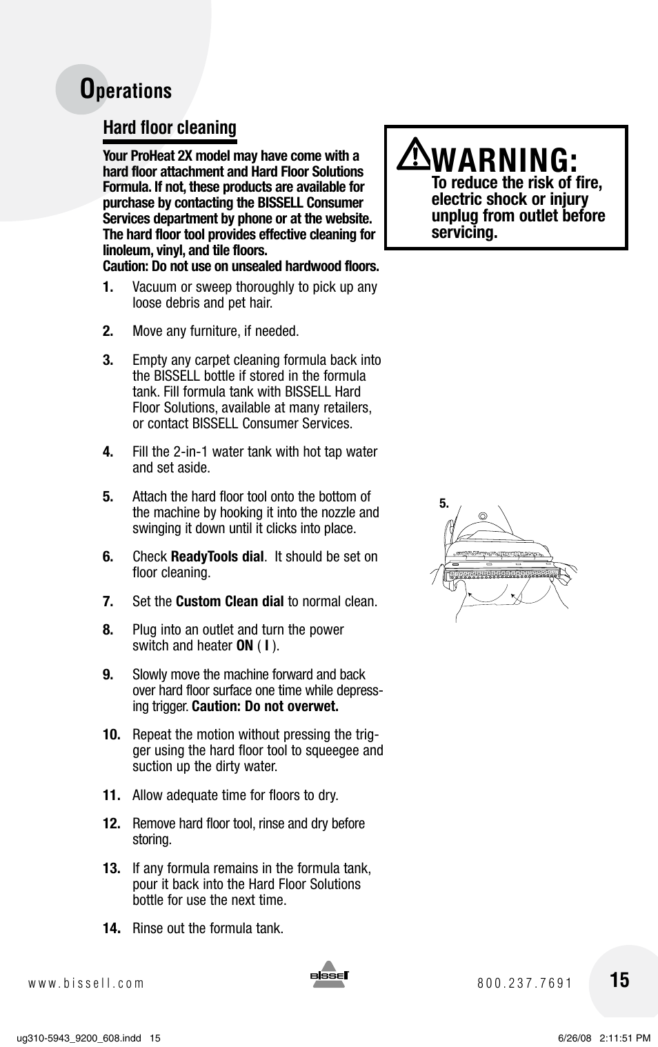 Warning, Perations, Hard floor cleaning | Bissell ProHeat 2X 8960 User Manual | Page 15 / 24