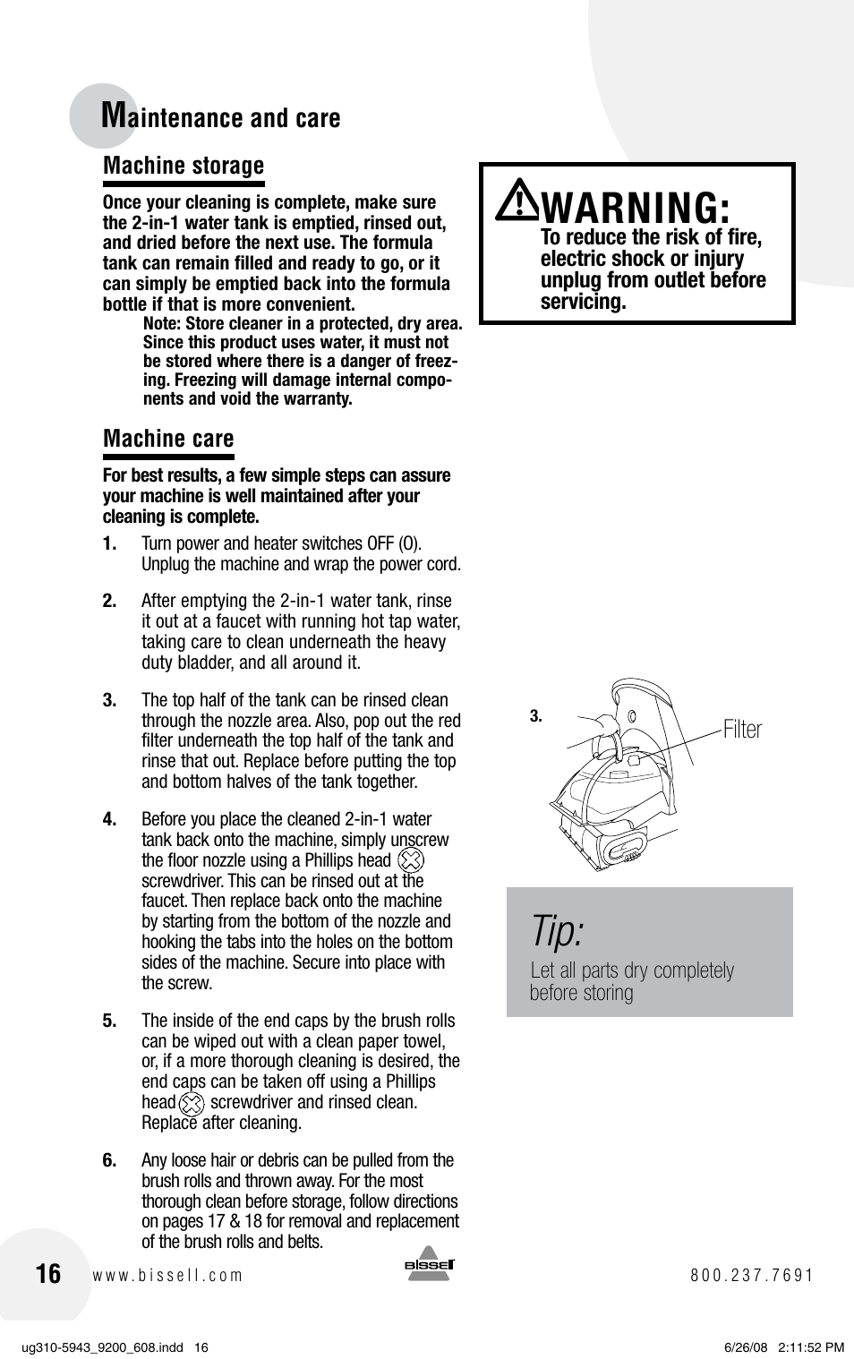 Warning, Aintenance and care, Filter | Bissell ProHeat 2X 8960 User Manual | Page 16 / 24