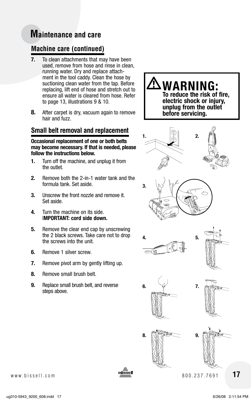 Warning, Aintenance and care, Machine care (continued) | Small belt removal and replacement | Bissell ProHeat 2X 8960 User Manual | Page 17 / 24