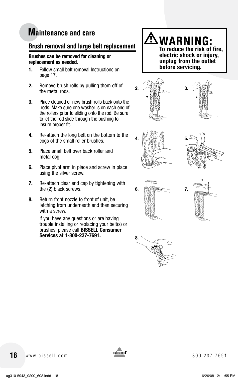 Warning, Aintenance and care, Brush removal and large belt replacement | Bissell ProHeat 2X 8960 User Manual | Page 18 / 24