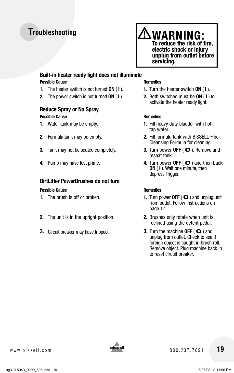 Warning, Roubleshooting | Bissell ProHeat 2X 8960 User Manual | Page 19 / 24