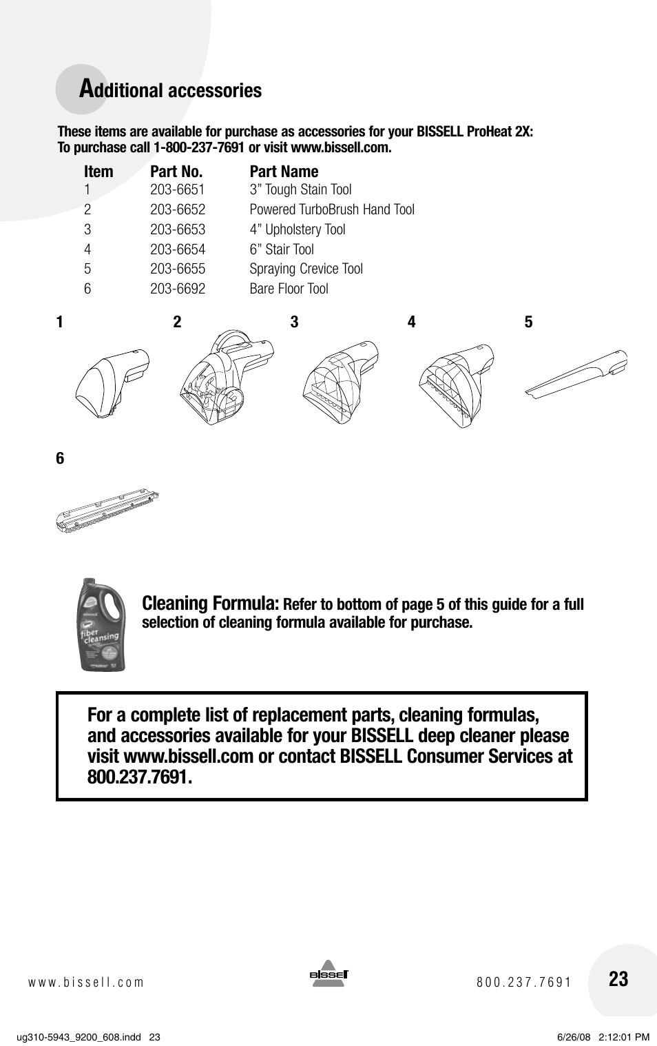 Cleaning formula, Dditional accessories 23 | Bissell ProHeat 2X 8960 User Manual | Page 23 / 24