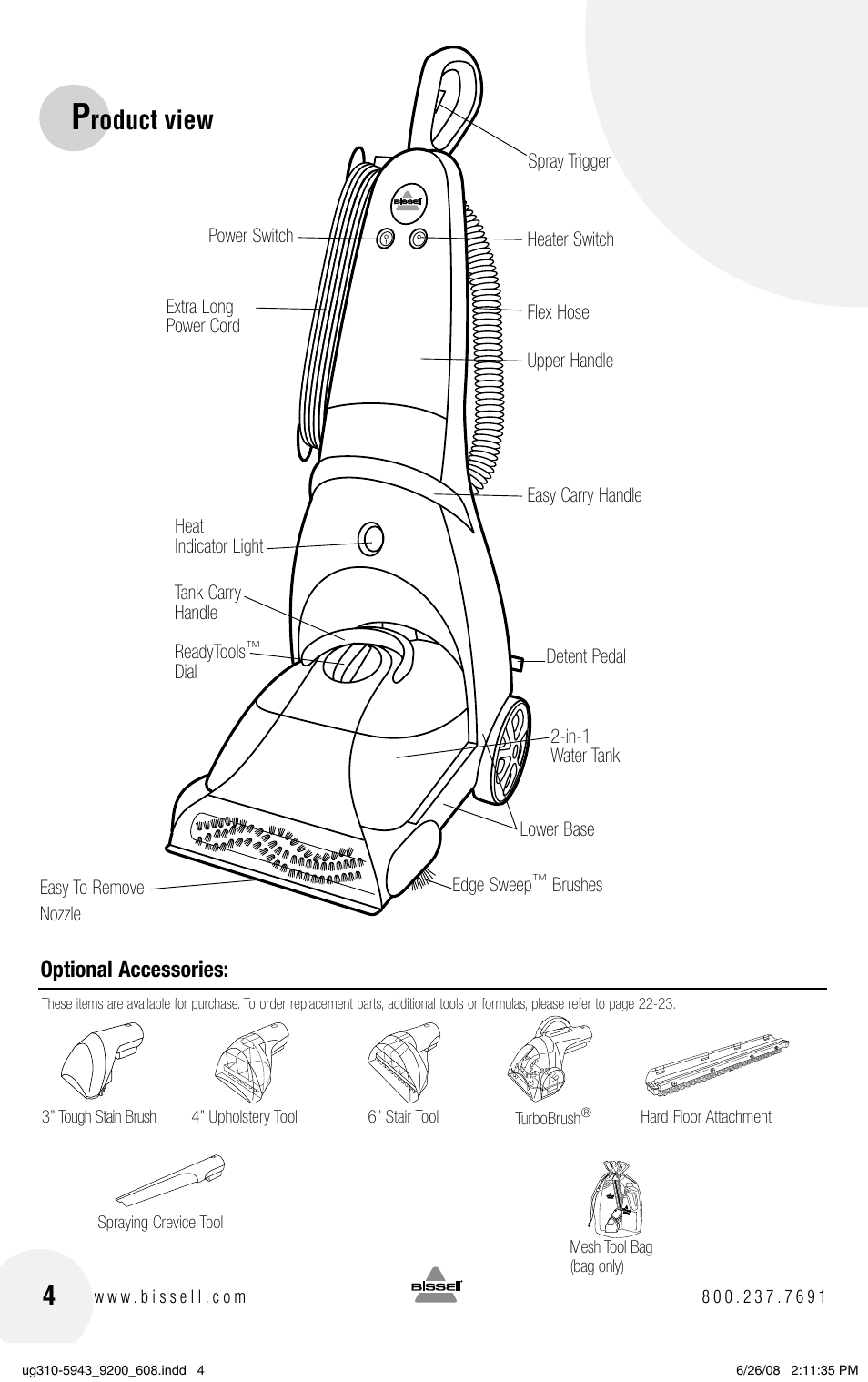 Roduct view, Optional accessories | Bissell ProHeat 2X 8960 User Manual | Page 4 / 24