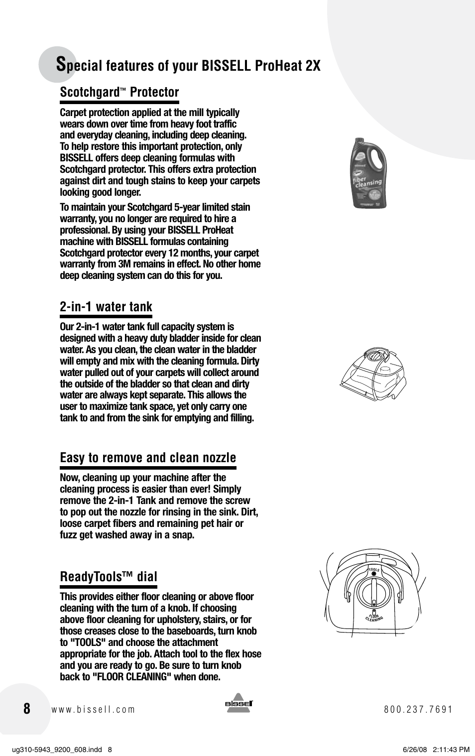 Pecial features of your bissell proheat 2x, Scotchgard, Protector | In-1 water tank, Easy to remove and clean nozzle, Readytools™ dial | Bissell ProHeat 2X 8960 User Manual | Page 8 / 24