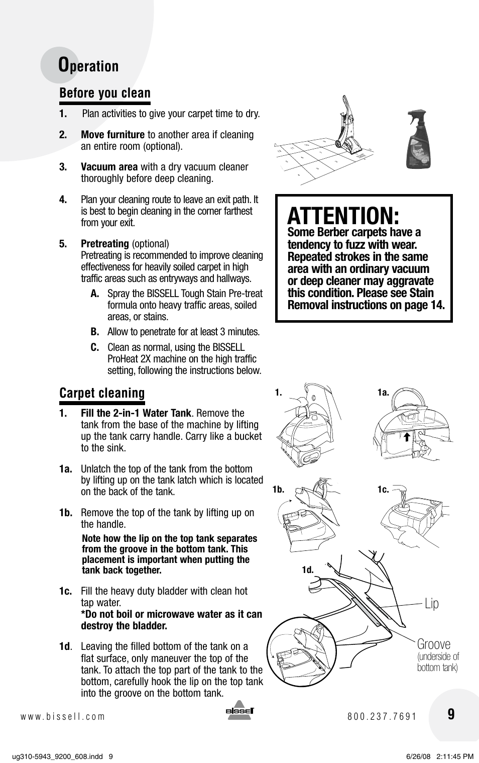 Attention, Peration, Lip groove | Before you clean, Carpet cleaning | Bissell ProHeat 2X 8960 User Manual | Page 9 / 24