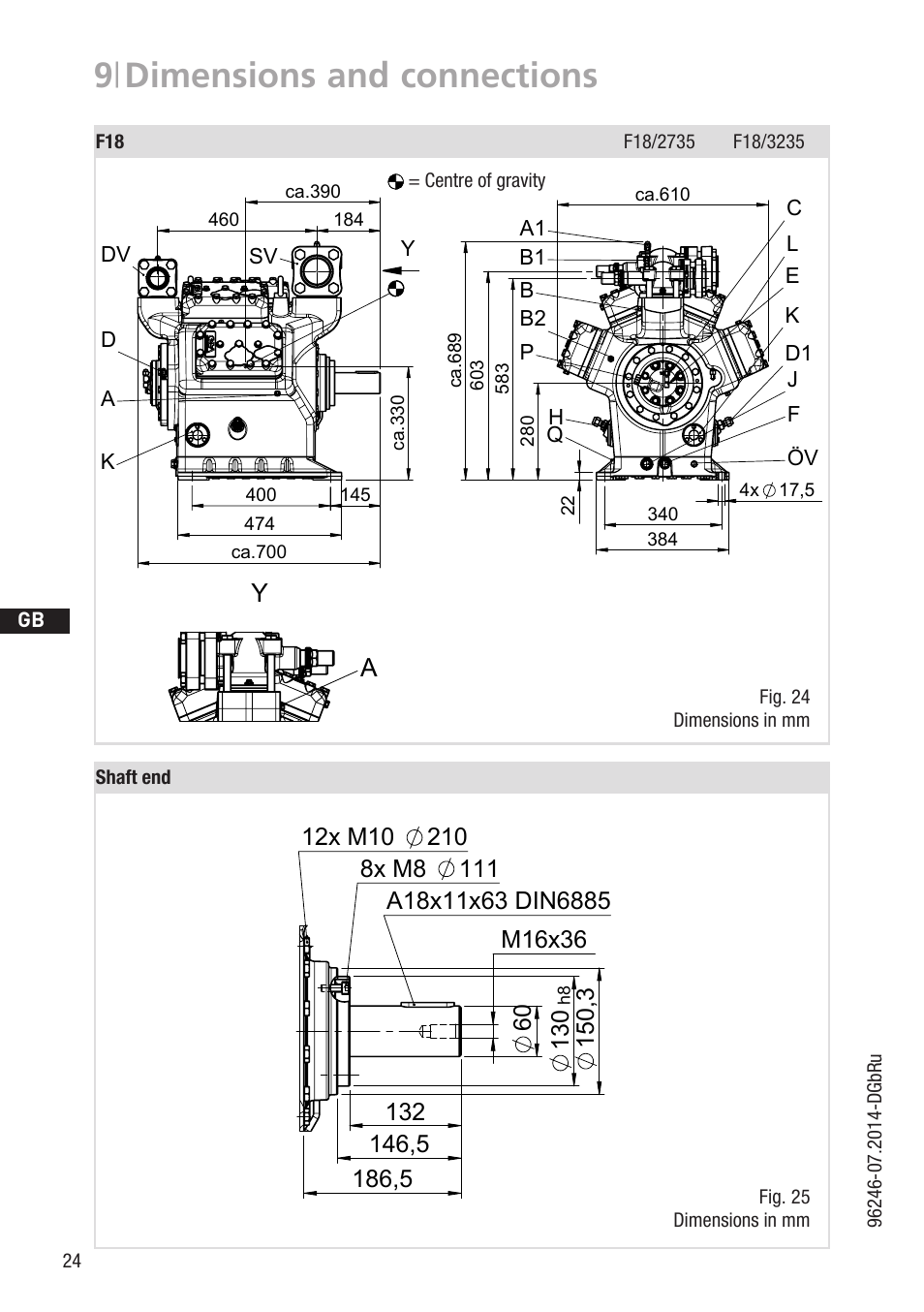 9 | dimensions and connections, Kj f öv l b a1 b1 p d1 c e b2 q h, B3 2 | Offener verdichter / open type compressor, D gb f e, Kh q1 d1 x, D1 k sv dv d a2 y, Centre of gravity, Zeichn.-nr. / drawing no | GEA Bock F18 User Manual | Page 24 / 28