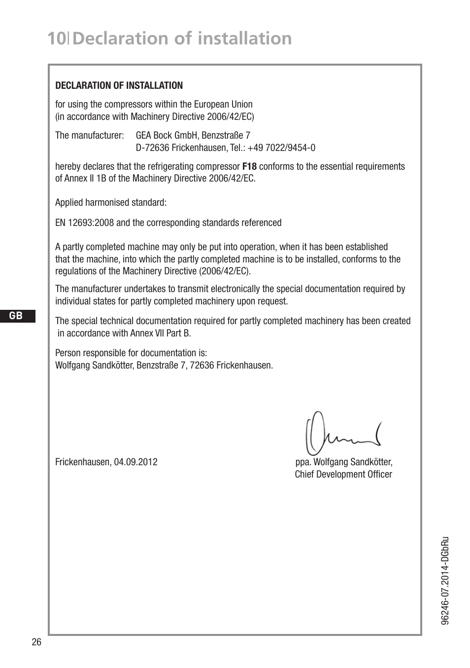 10 | declaration of installation | GEA Bock F18 User Manual | Page 26 / 28