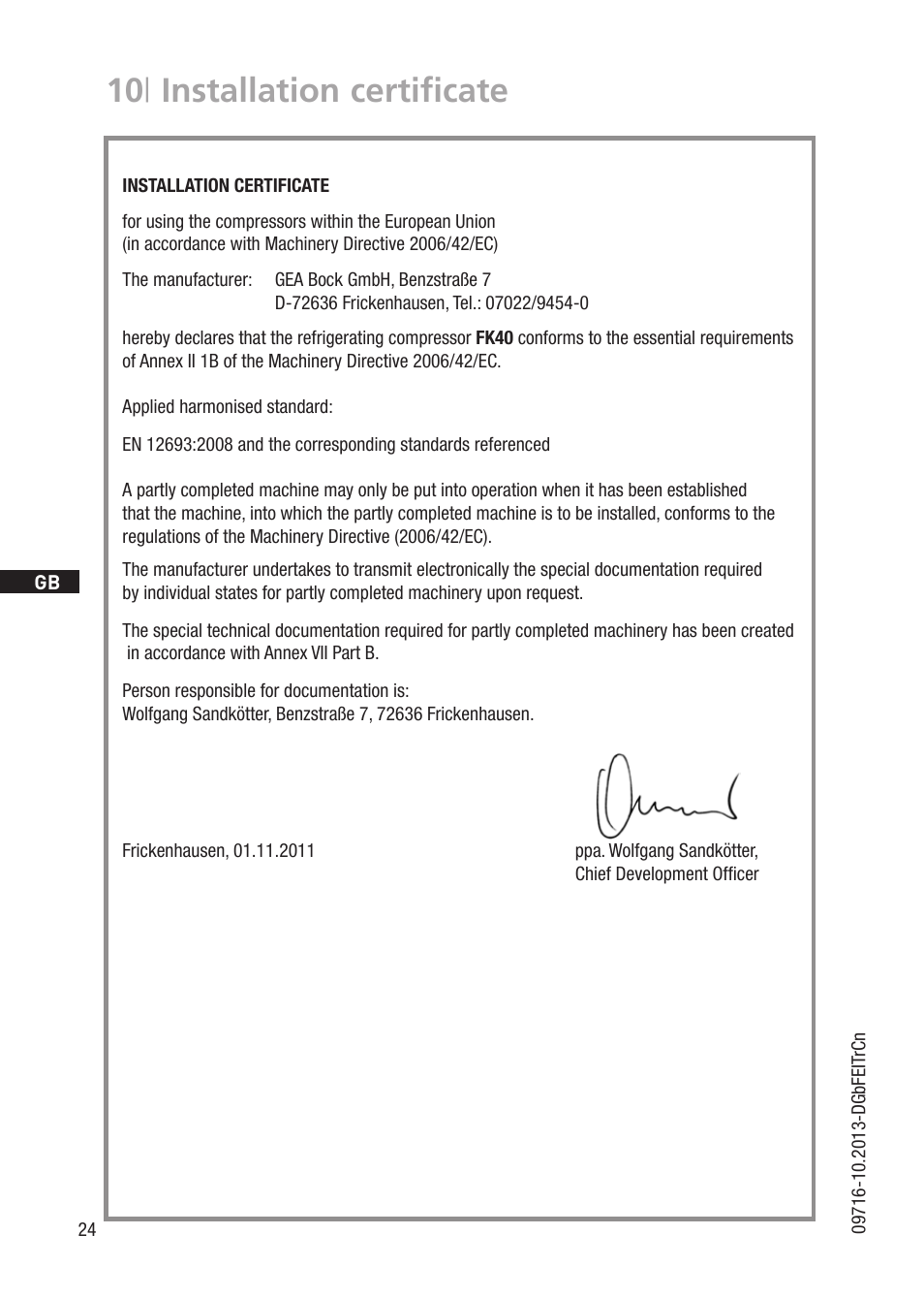 10 | installation certificate | GEA Bock FK40 User Manual | Page 24 / 26