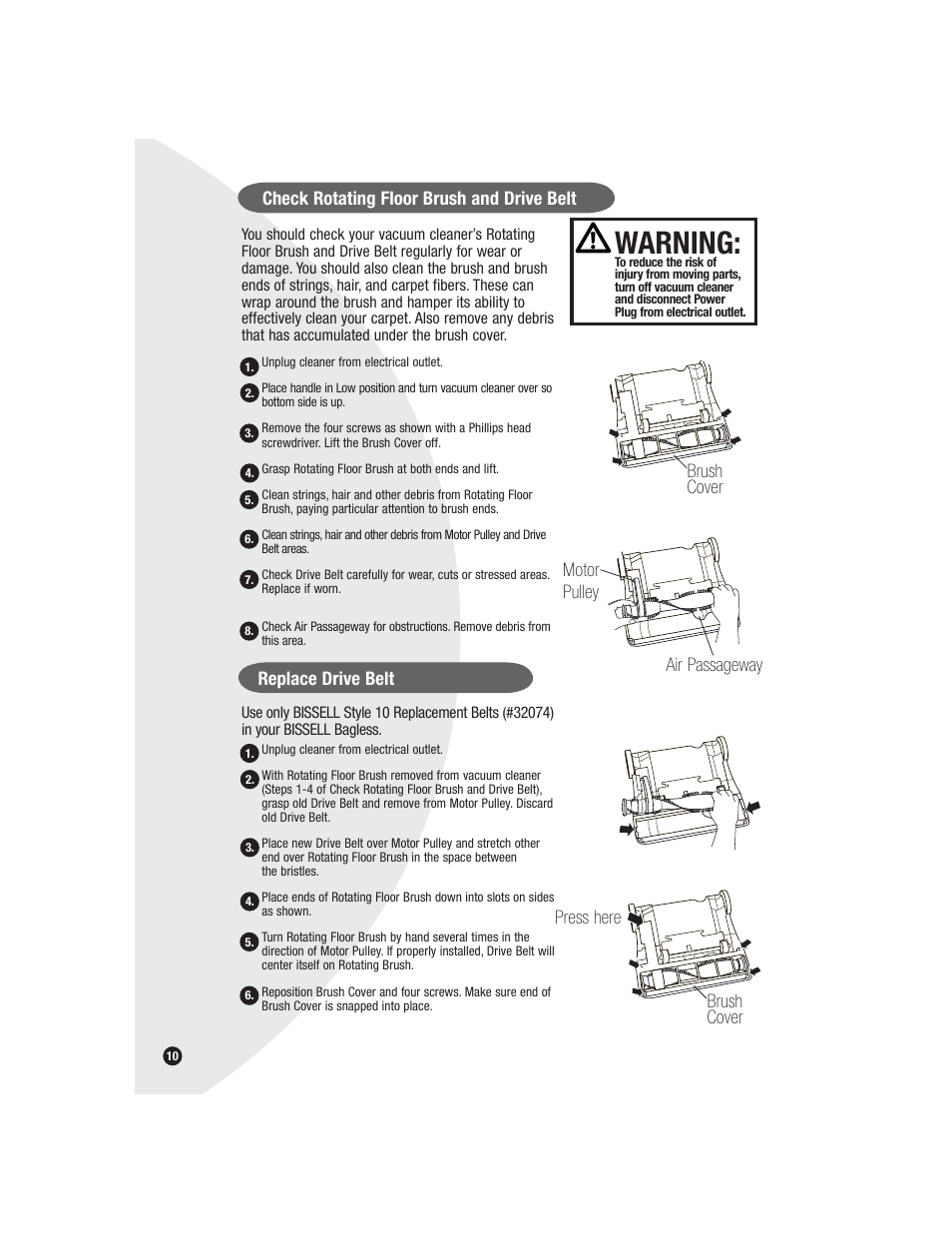 Warning, Check rotating floor brush and drive belt, Replace drive belt | Bissell Bagless 6579 series User Manual | Page 10 / 16