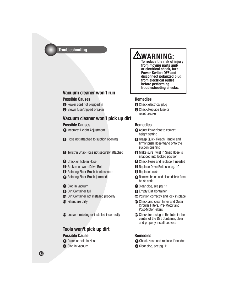 Warning, Vacuum cleaner won’t run, Vacuum cleaner won’t pick up dirt | Tools won't pick up dirt | Bissell Bagless 6579 series User Manual | Page 12 / 16