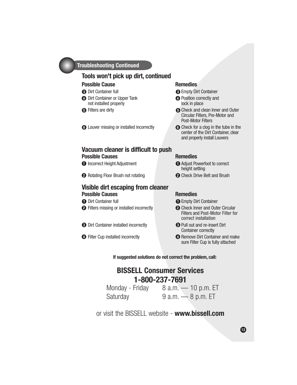 Bissell consumer services, Tools won't pick up dirt, continued, Vacuum cleaner is difficult to push | Visible dirt escaping from cleaner | Bissell Bagless 6579 series User Manual | Page 13 / 16