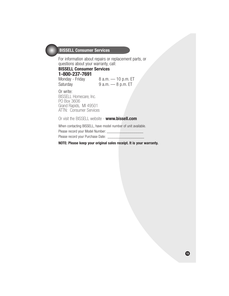 Bissell Bagless 6579 series User Manual | Page 15 / 16