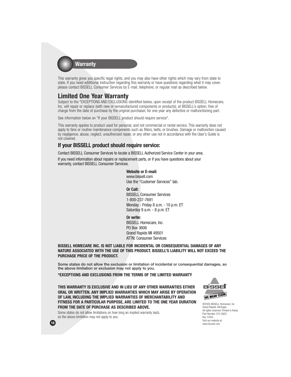 Limited one year warranty, Warranty, If your bissell product should require service | Bissell Bagless 6579 series User Manual | Page 16 / 16