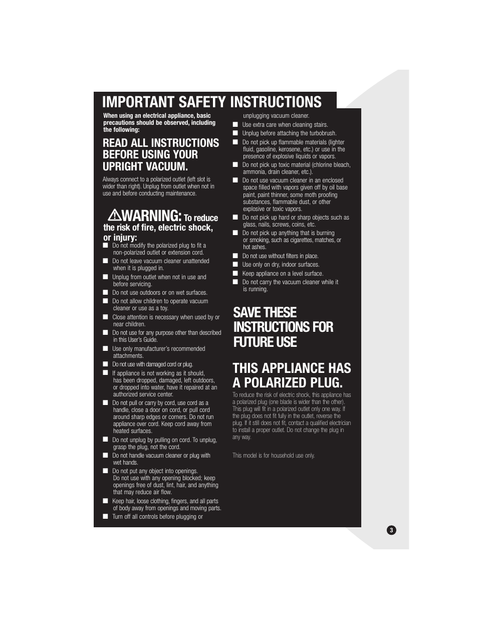 Important safety instructions, Warning | Bissell Bagless 6579 series User Manual | Page 3 / 16