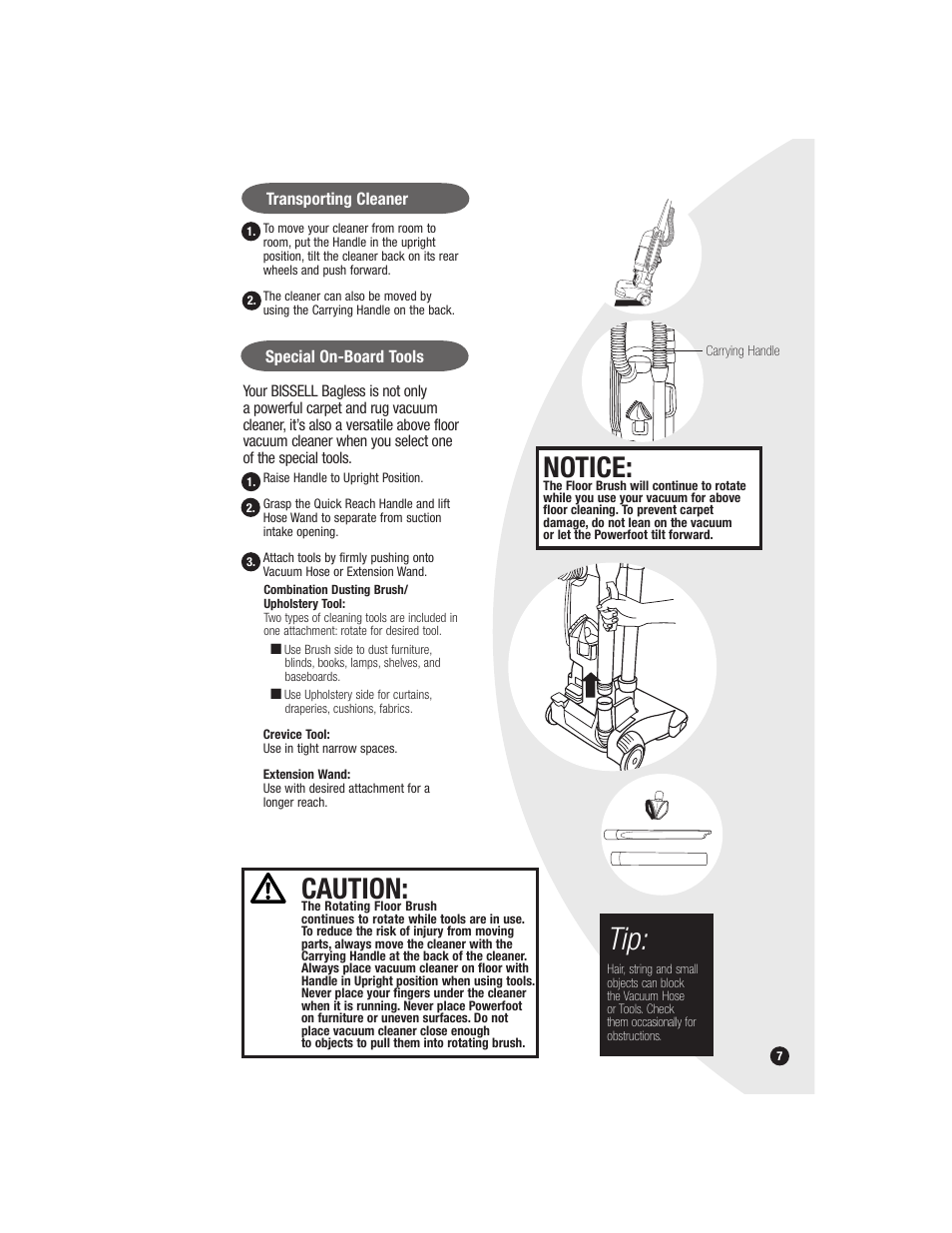 Notice, Caution | Bissell Bagless 6579 series User Manual | Page 7 / 16