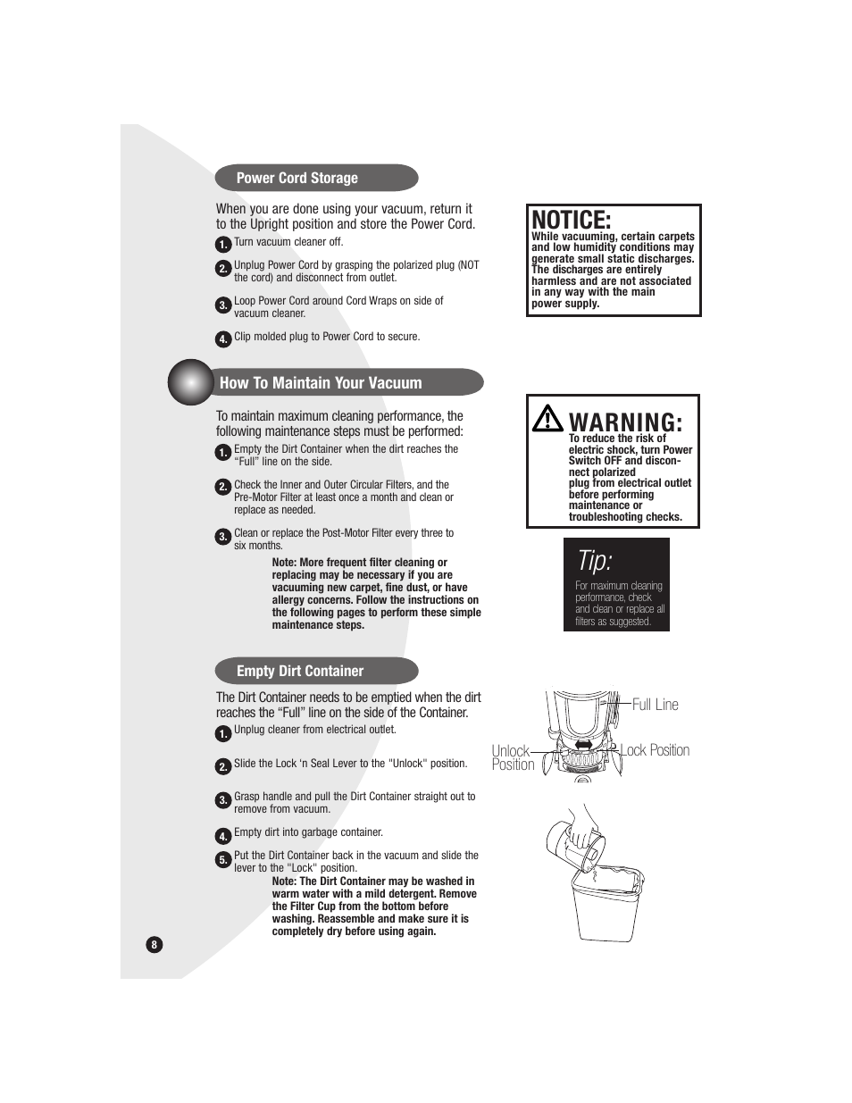 Warning, Notice | Bissell Bagless 6579 series User Manual | Page 8 / 16