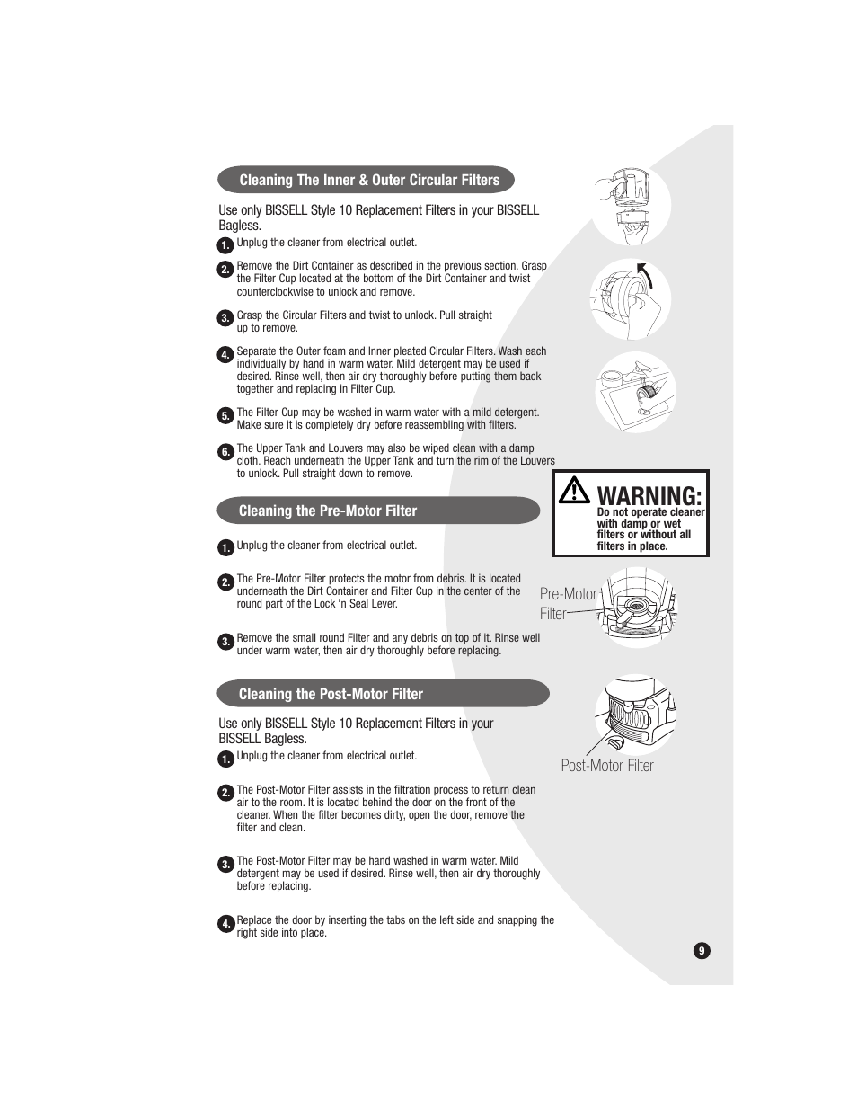 Warning | Bissell Bagless 6579 series User Manual | Page 9 / 16