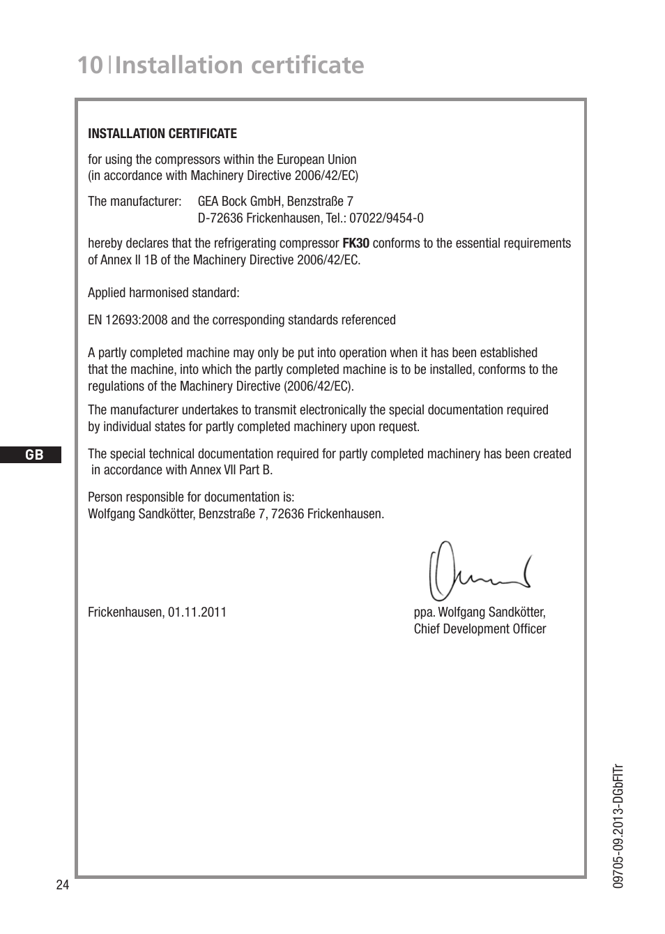 10 | installation certificate | GEA Bock FK30 User Manual | Page 24 / 26