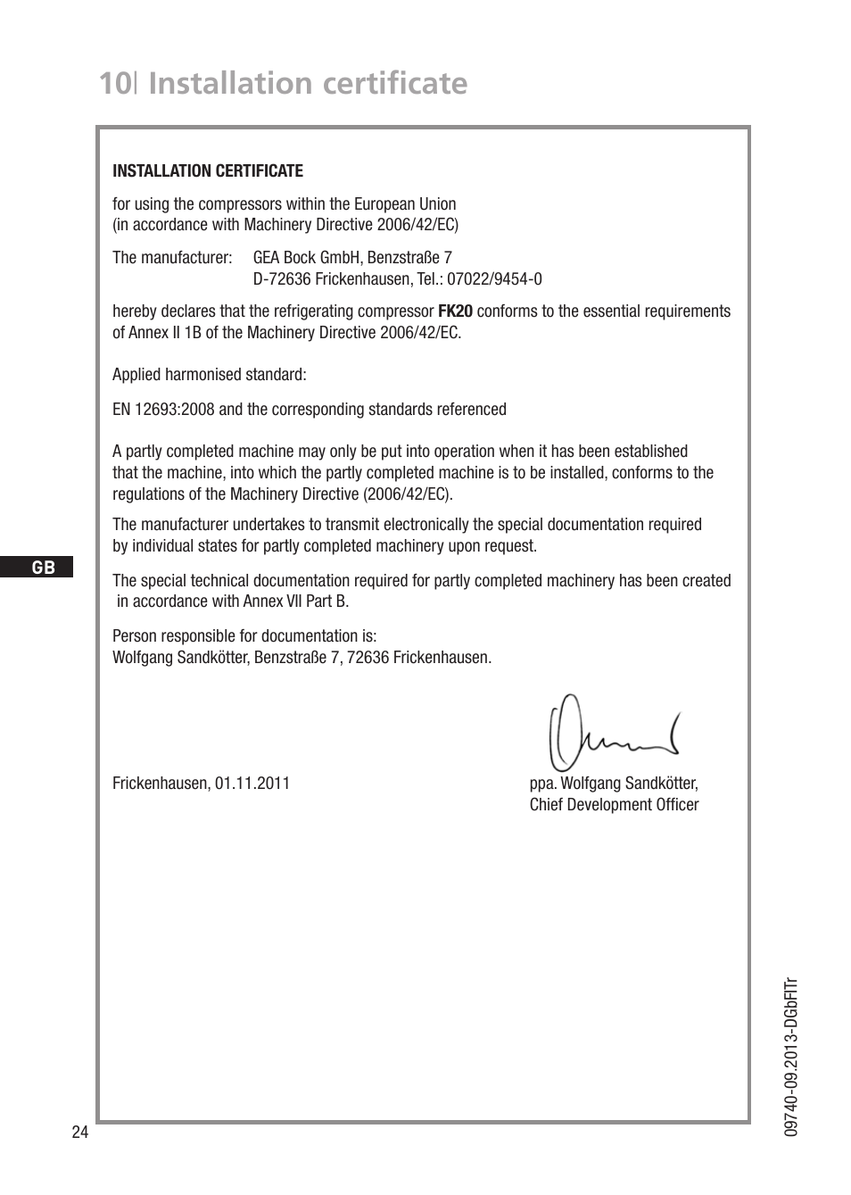 10 | installation certificate | GEA Bock FK20 User Manual | Page 24 / 26